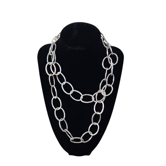 Silver-Tone Hammered Oval Link Chain Necklace With Lobster Clasp Closure - Picture 1 of 6